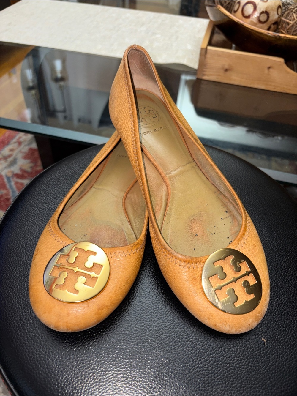 Tory Burch Mustard Leather Logo Ballet Flats